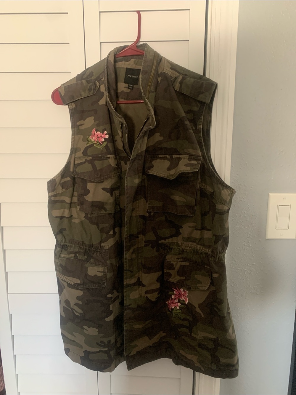 Lane Bryant Olive Camo Jacket With Pink Embroidered Flowers